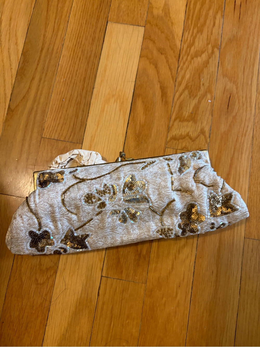White House Black Market Cream and Gold Sequin Floral Clutch
